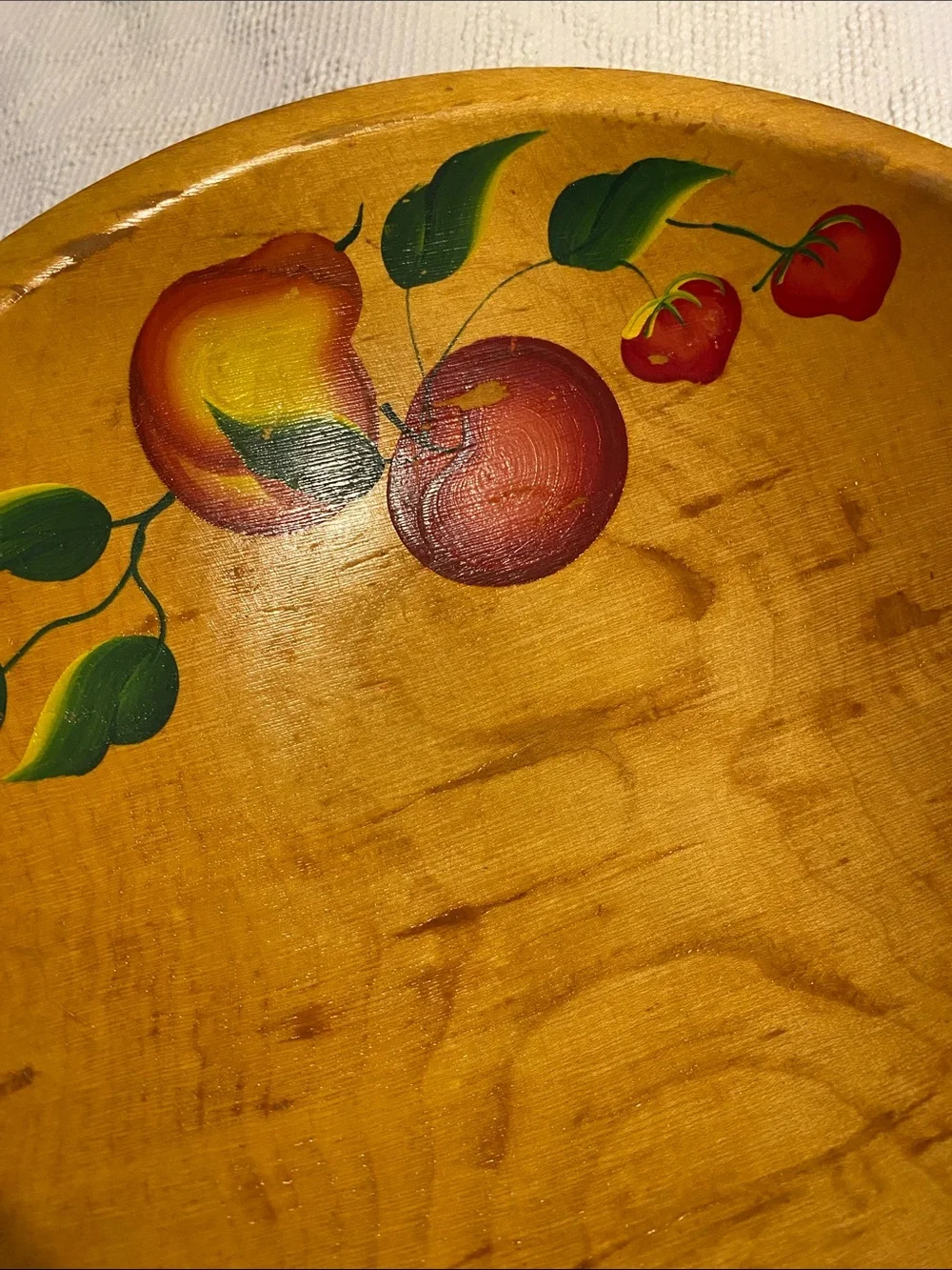 Hand-Painted Yellow Wooden Fruit Bowl - Home Dining, has wear from use.
